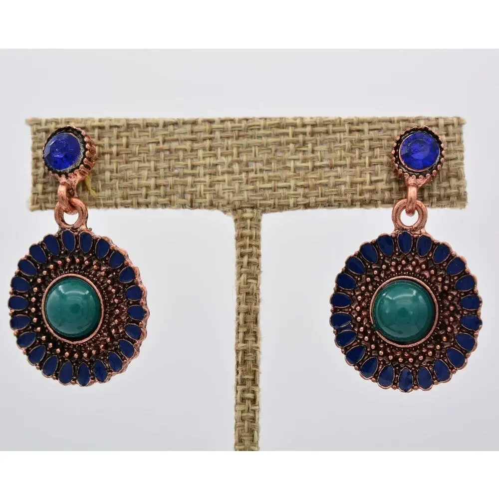 Y2K Vintage Cabochon Earrings Dangle Copper Tone Blue Rhinestone Crystal 9L